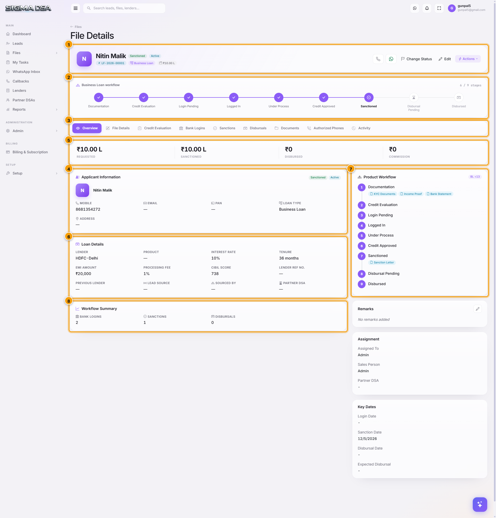 Annotated overview of the SigmaDSA file detail page with eight orange-bordered regions and numbered badges