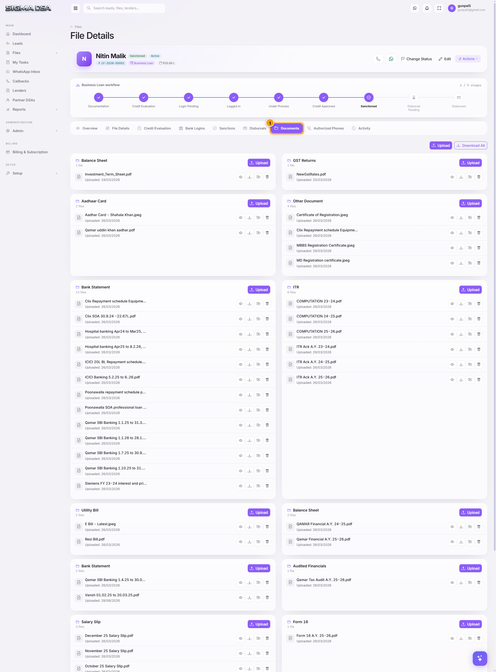 Documents tab on a disbursed home loan showing the uploaded document checklist