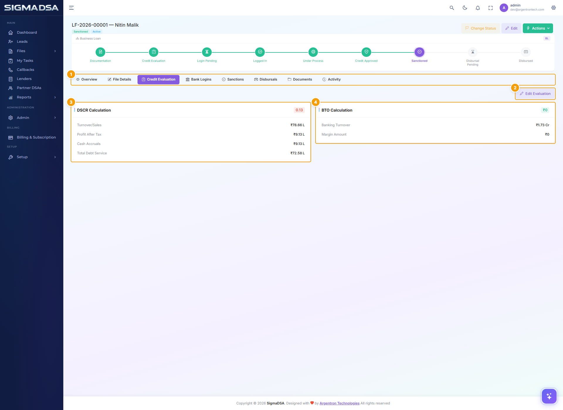 Annotated Credit Evaluation tab with DSCR and BTO cards populated for a business loan file
