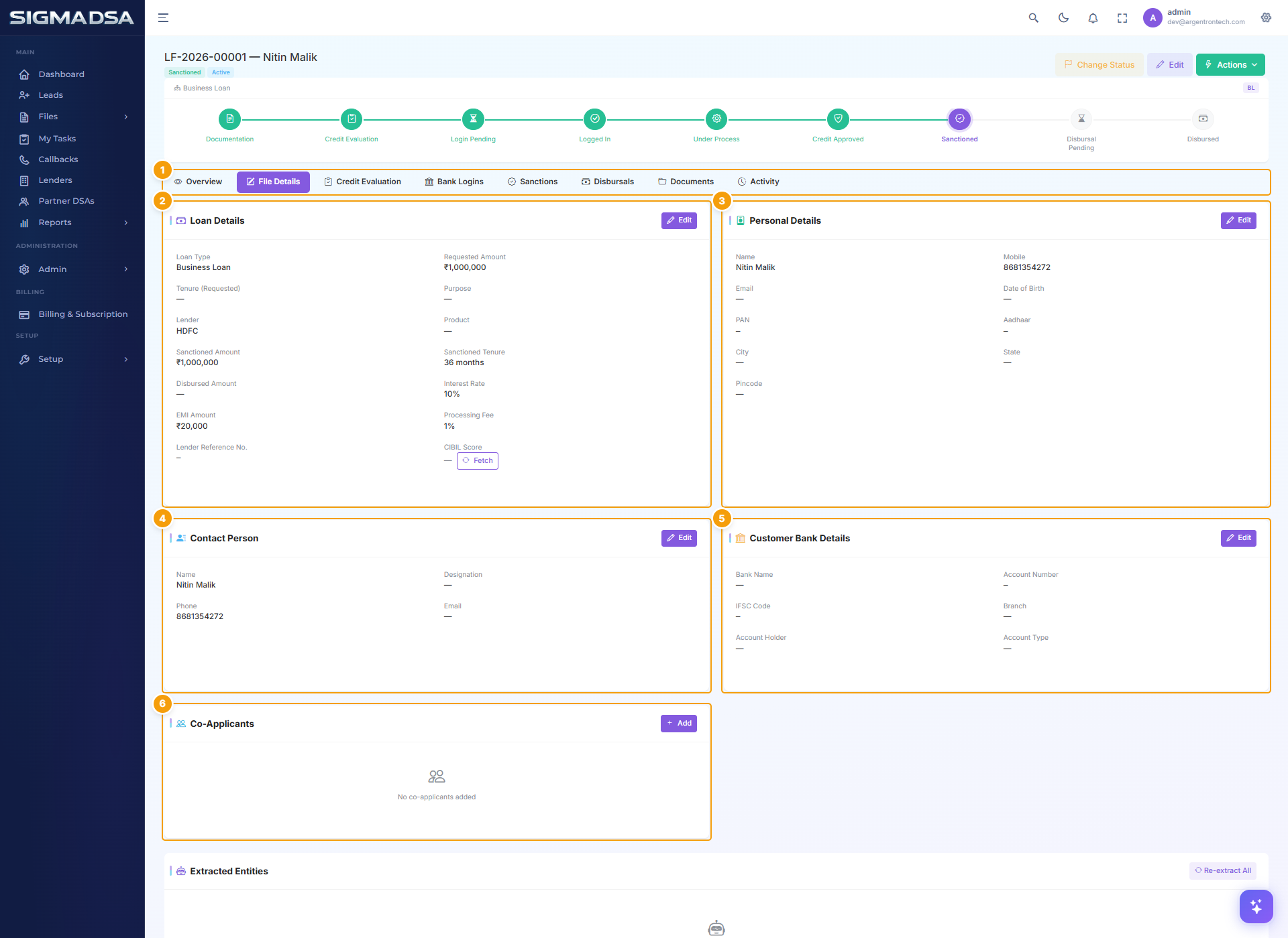 Annotated File Details tab with Loan Details and Personal Details cards labelled