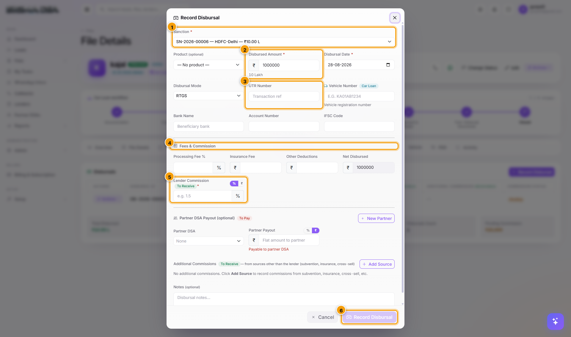 Record Disbursal modal with six numbered regions highlighted