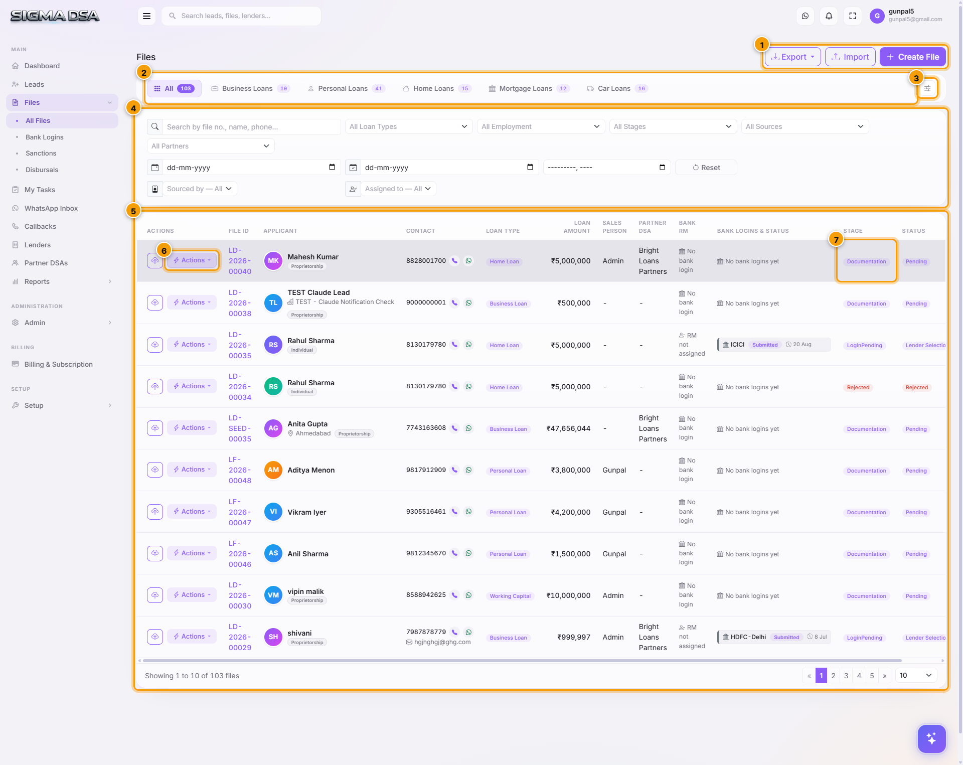 Annotated overview of the SigmaDSA Files dashboard with seven numbered regions