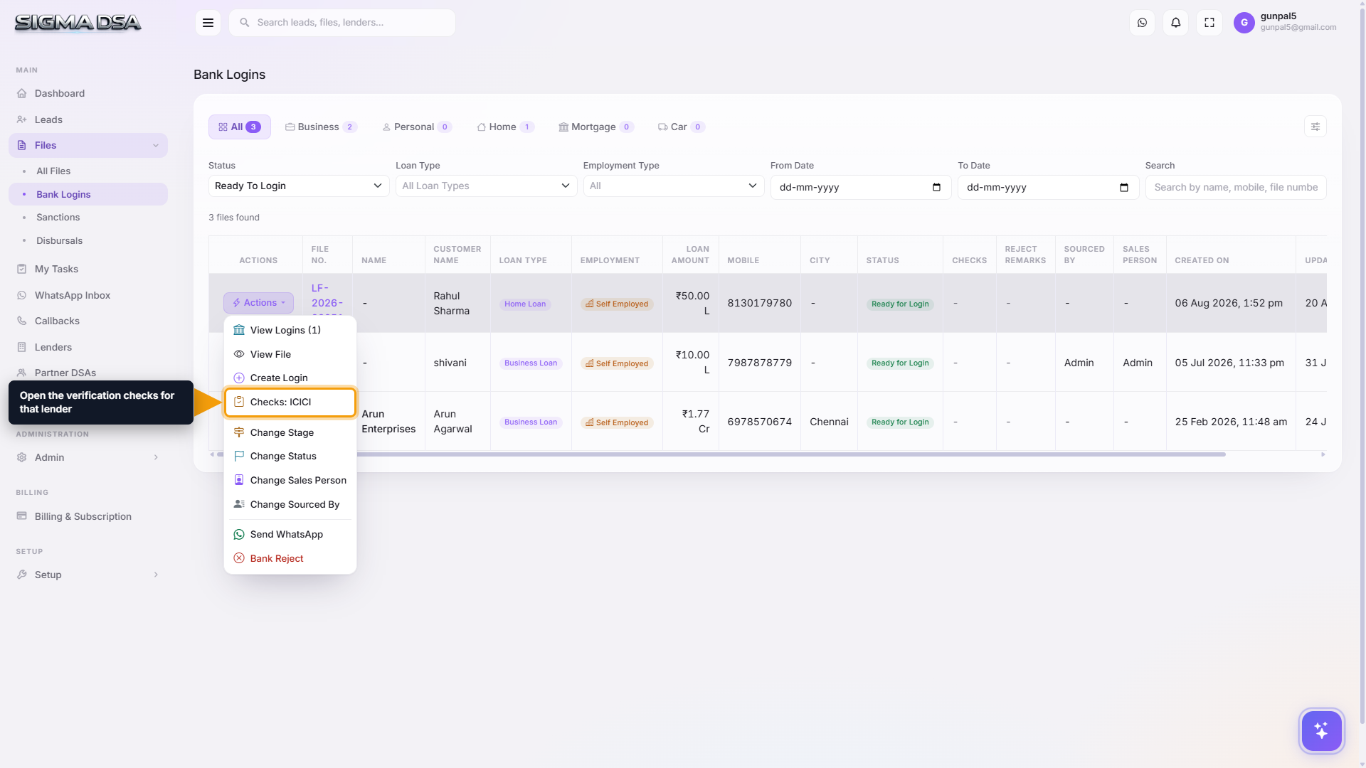 Bank Logins Actions menu with the Checks entry highlighted