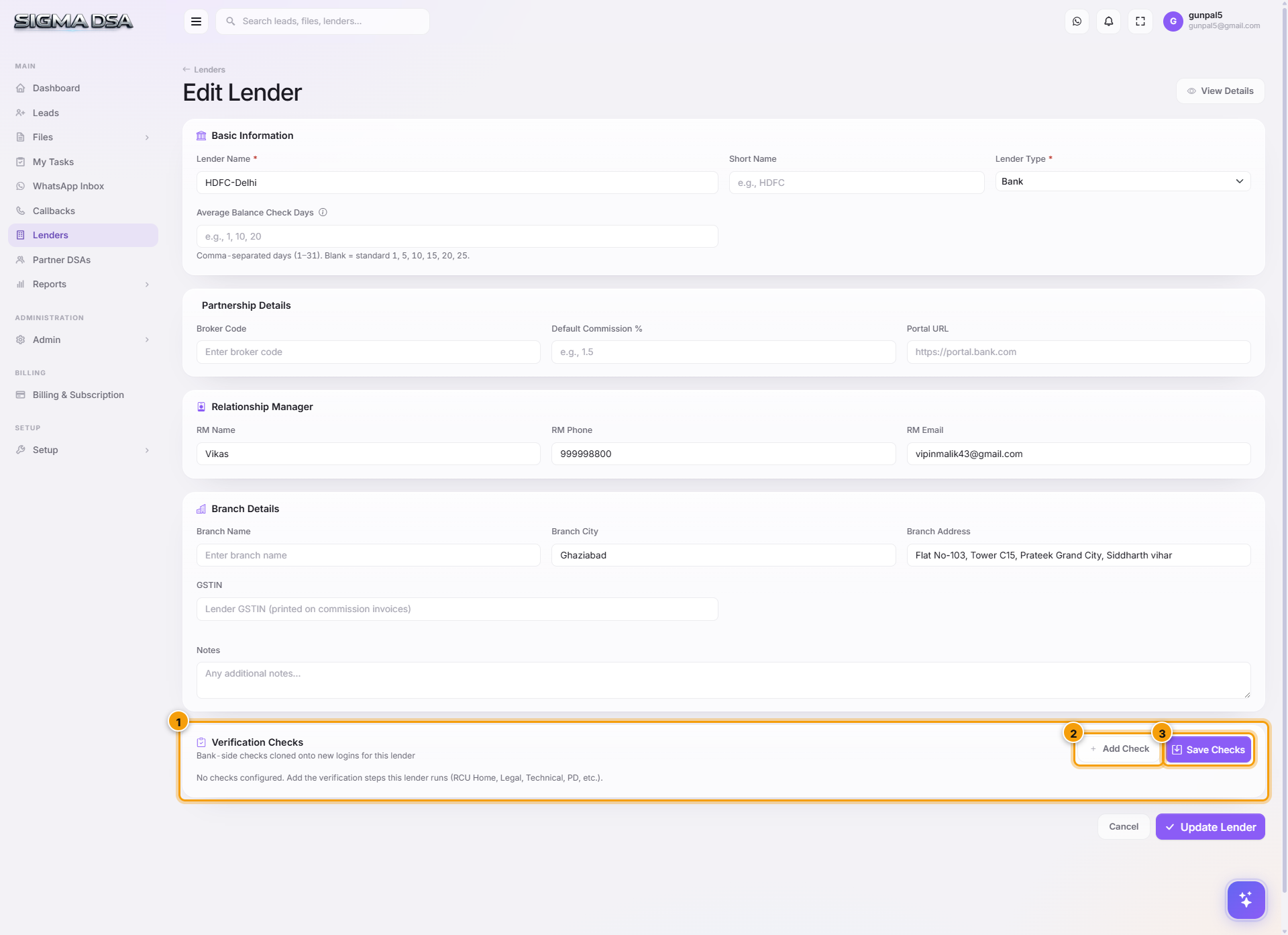 Lender edit page with the Verification Checks card, Add Check and Save Checks highlighted