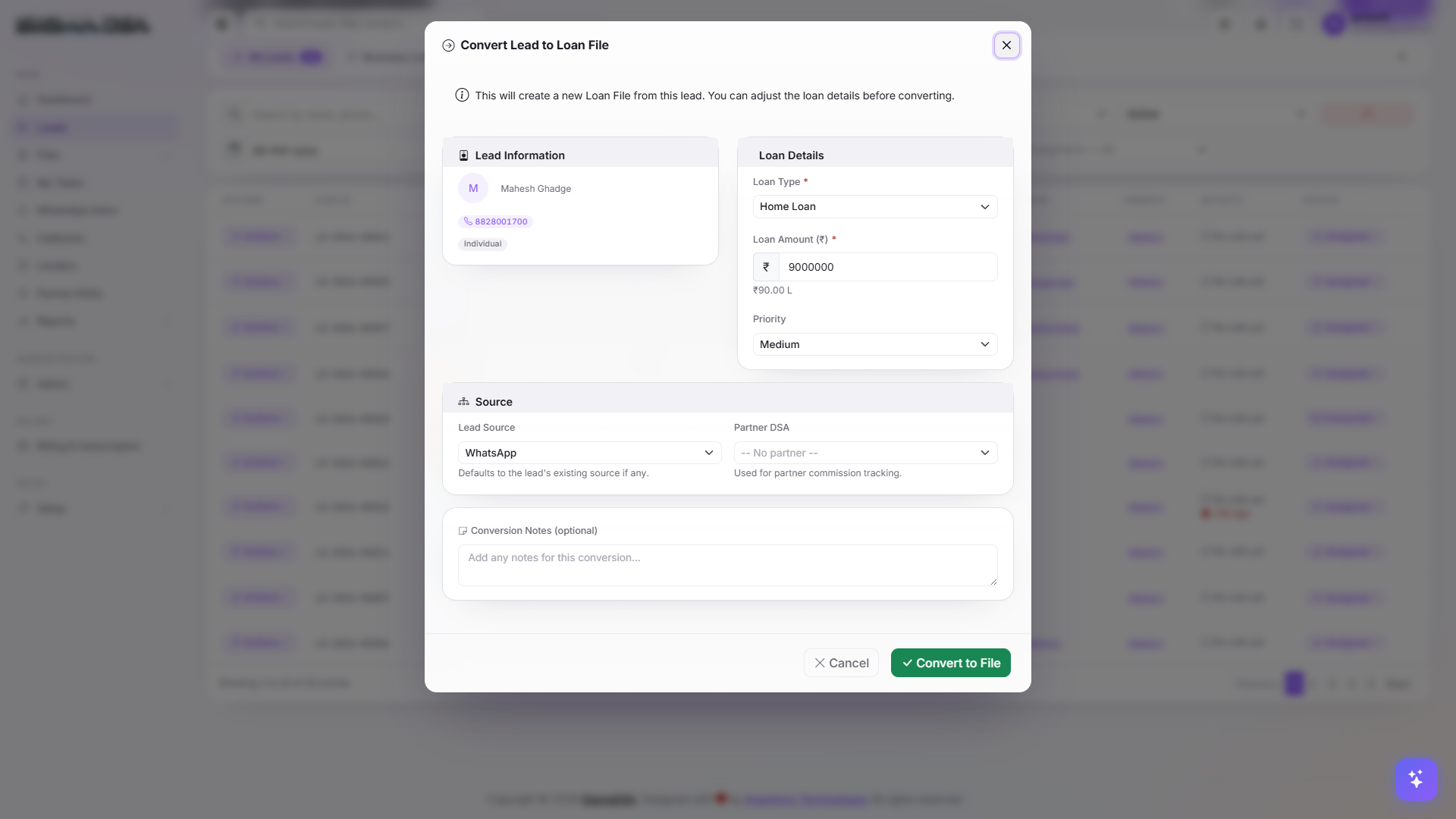 Convert Lead to Loan File modal with the Convert to File submit button highlighted