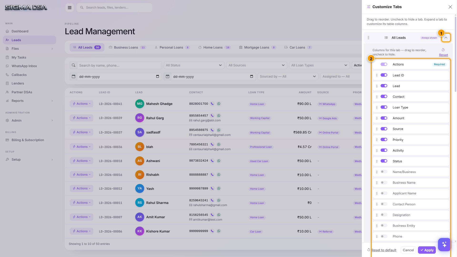 Tab customizer with the All Leads row expanded showing every available column — Actions, Lead ID, Lead, Contact, Loan Type, Amount, Priority, Activity, Status, plus loan-type-specific extras