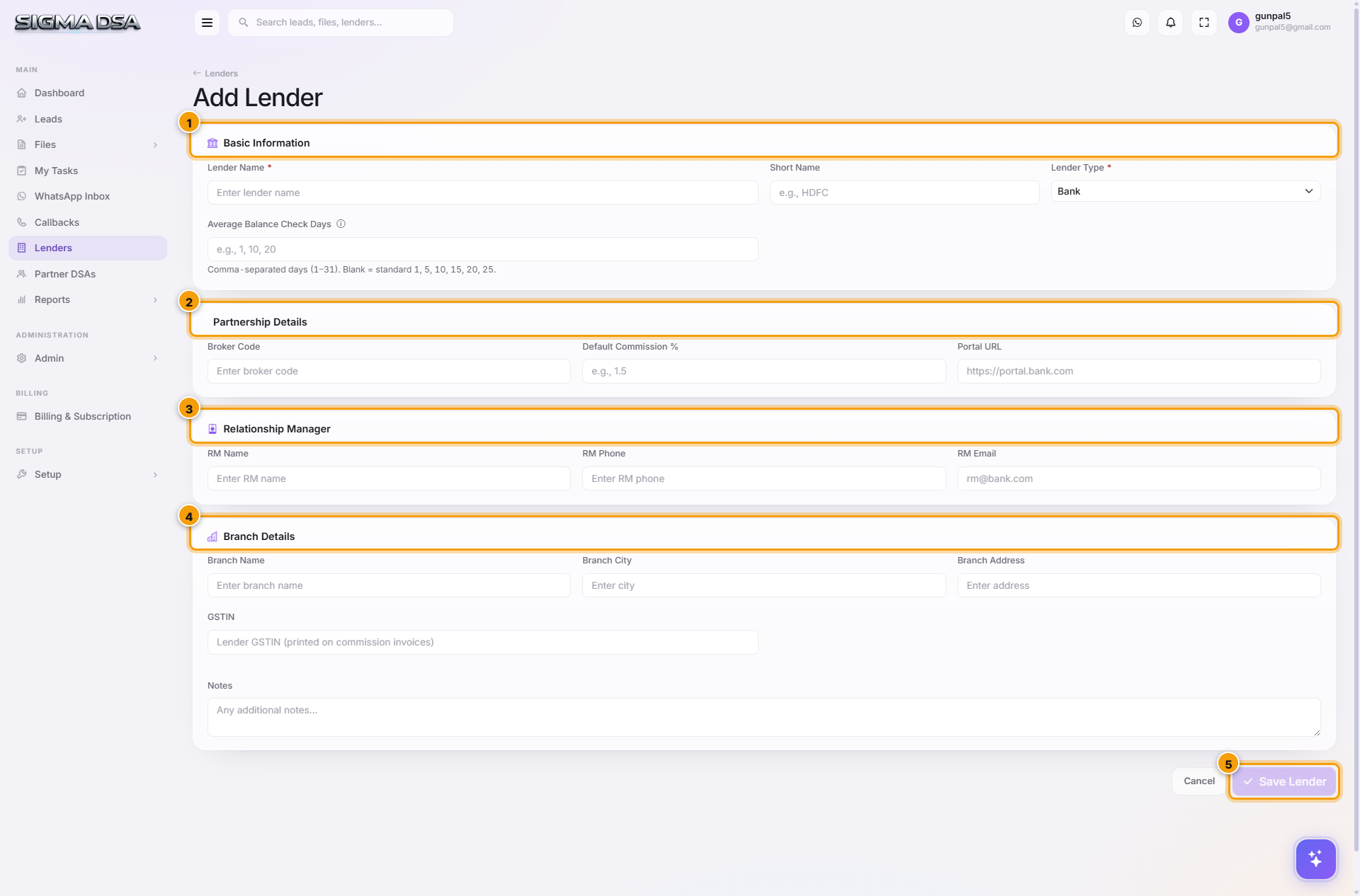 Add Lender form with Identity, Partnership Details, Relationship Manager, Branch Details, and Save Lender highlighted