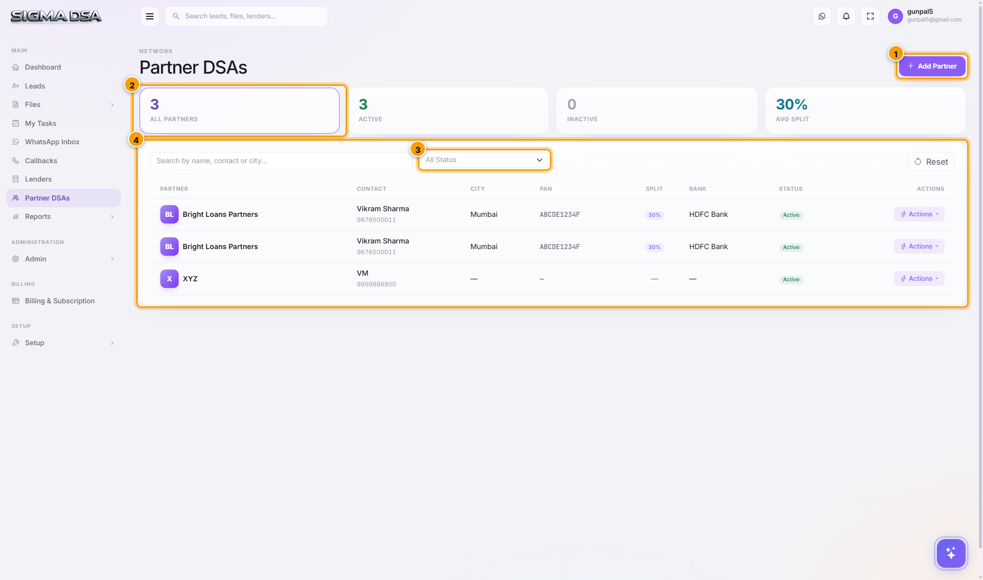 Partner DSAs page with Add Partner button, status filter, and partner table highlighted