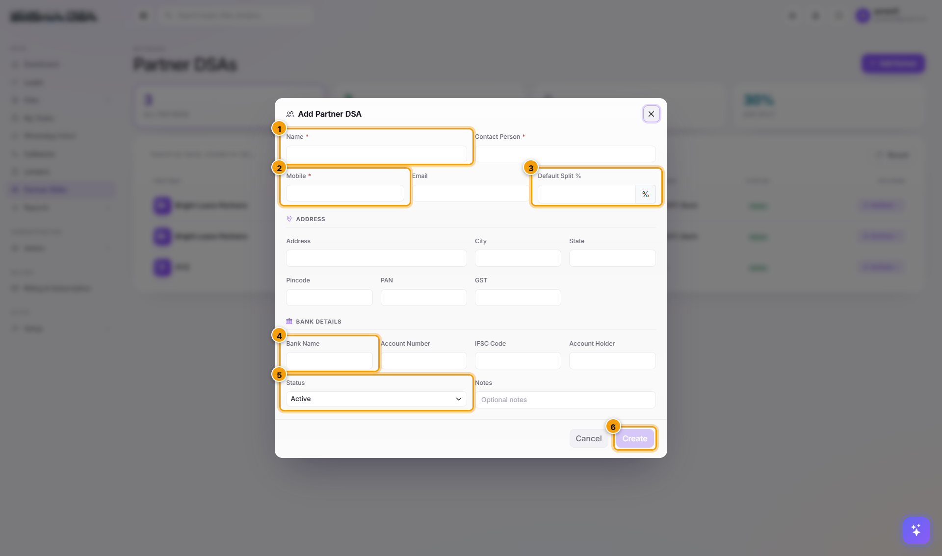 Add Partner DSA drawer with Identity, Contact + Split, Address + KYC, Bank Details, Status + Notes, and Create highlighted