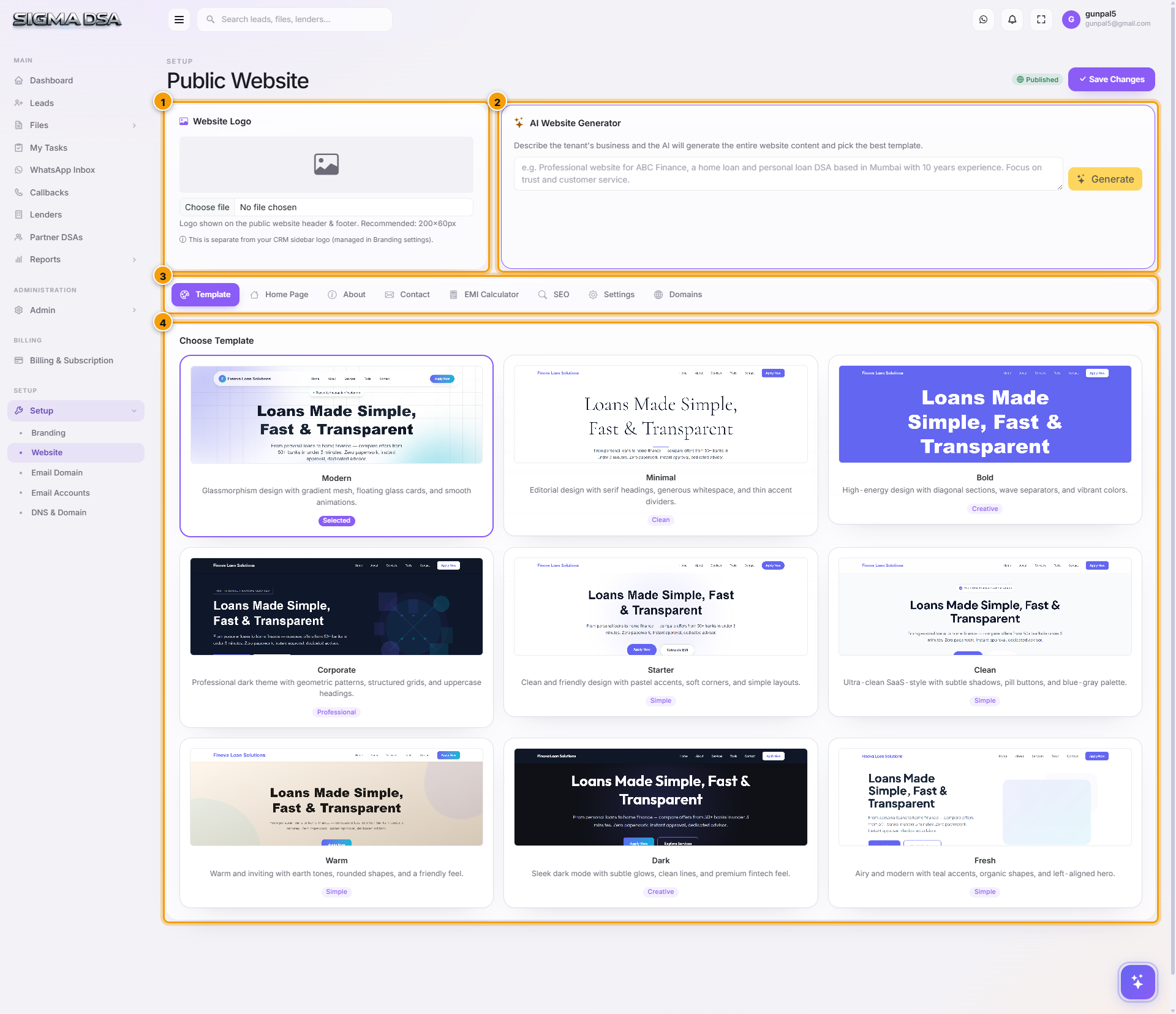Website Settings page with Public Website Settings, Website Logo, AI Website Generator, Choose Template cards highlighted