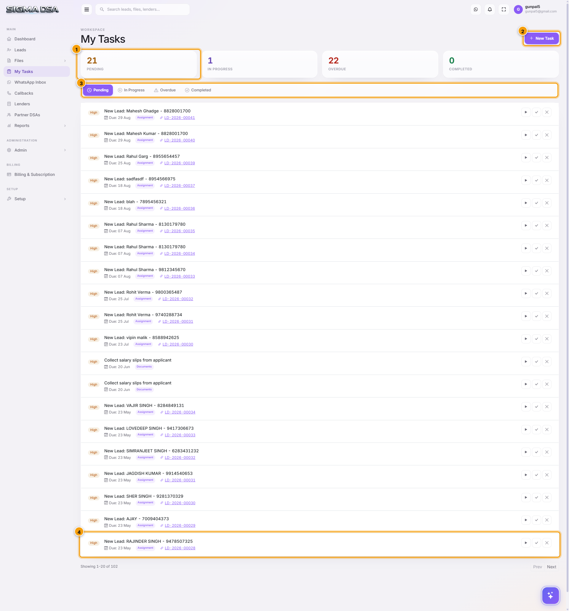 My Tasks board with status counters, tab strip, and task rows highlighted