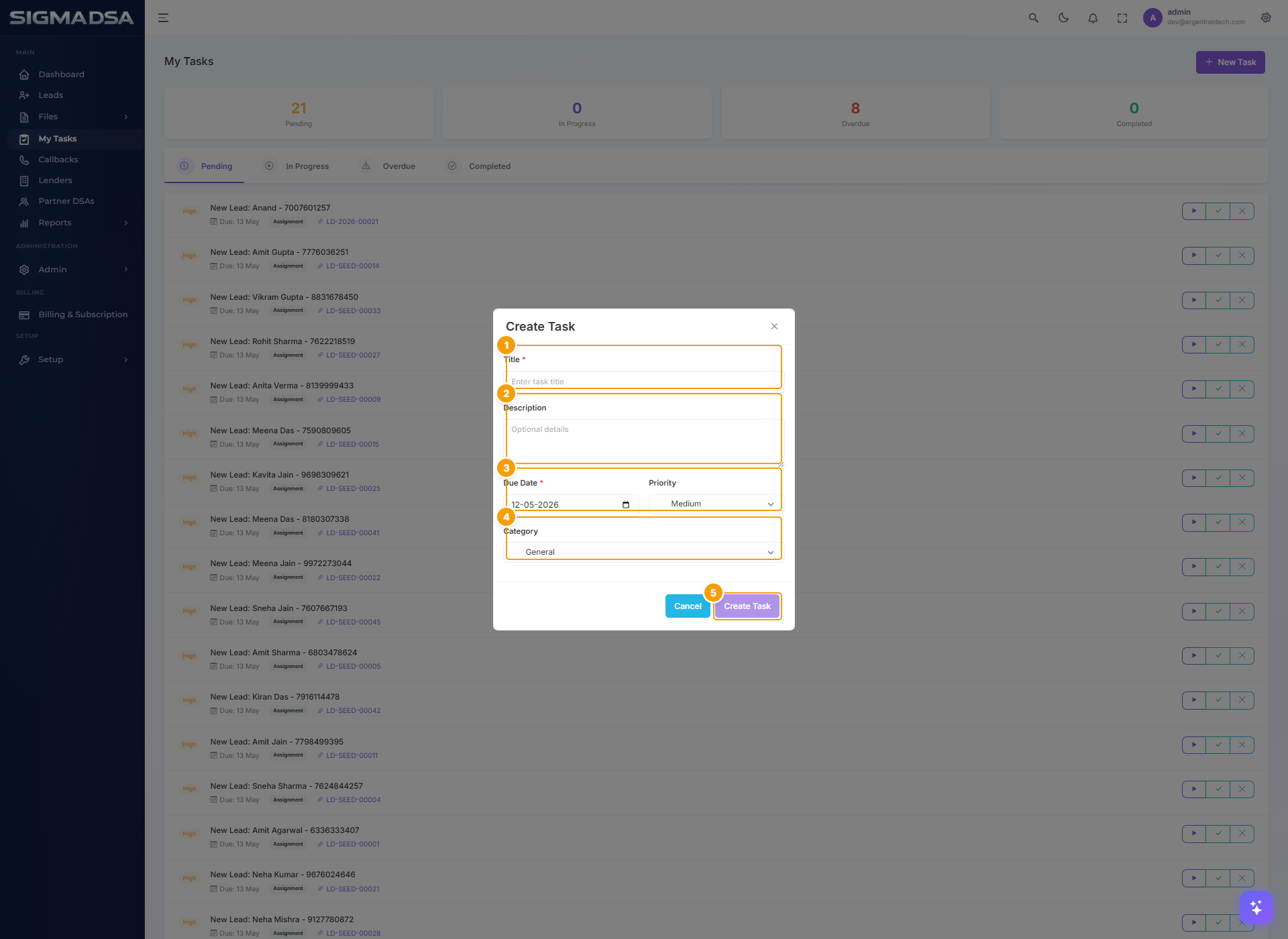 Create Task modal with Title, Description, Due Date, Priority, Category, and Save Task highlighted